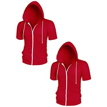 2 Packs Men's Hoodies Solid Color Zip Up Short Sleeve Jackets with Hood