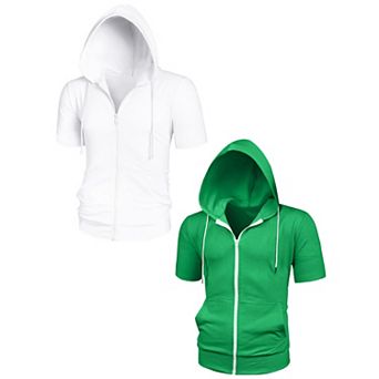 2 Packs Men's Hoodies Solid Color Zip Up Short Sleeve Jackets with Hood