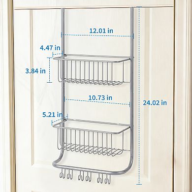 2-Tier Basket Over The Door Organizer, Metal Shower Caddy Hanging with 2 Baskets & 6 Hooks, Black