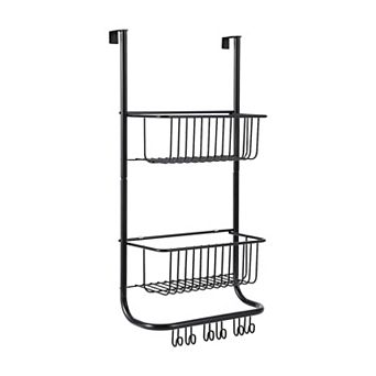 2 tier Basket Over The Door Organizer, Metal Shower Caddy Hanging with 2 Baskets & 6 Hooks, Black