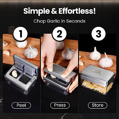 Garlic Press, Garlic Chopper Mini & Slicer Super Thin 2 in 1, Odor Free Ginger Dicer + Container