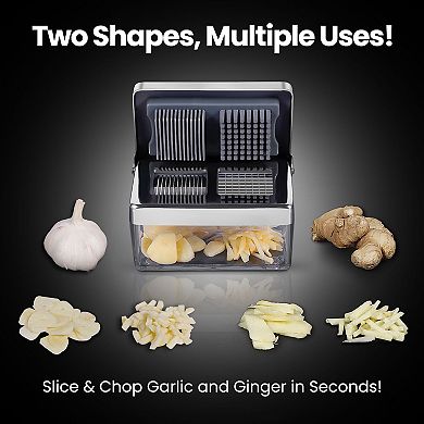 Garlic Press, Garlic Chopper Mini & Slicer Super Thin 2 in 1, Odor Free Ginger Dicer + Container