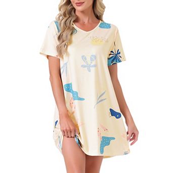 Women's Nightgown Short Sleeve Printed Sleepwear Sleepshirts Cute Night Shirts Stretchy Pajama Dress