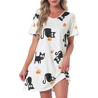Women's Nightgown Short Sleeve Printed Sleepwear Sleepshirts Cute Night Shirts Stretchy Pajama Dress