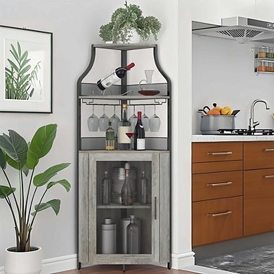 Industrial Corner Bar Cabinet with Glass Doors and Adjustable Shelves