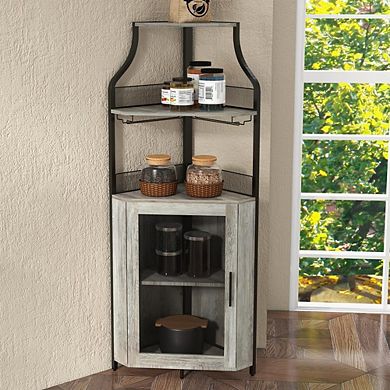 Industrial Corner Bar Cabinet with Glass Doors and Adjustable Shelves