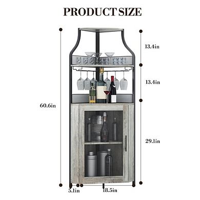 Industrial Corner Bar Cabinet with Glass Doors and Adjustable Shelves