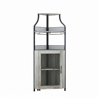 Industrial Corner Bar Cabinet with Glass Doors and Adjustable Shelves