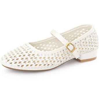 Women's Rhinestone Round Toe Low Block Heels Pumps