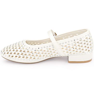 Women's Rhinestone Round Toe Low Block Heels Pumps
