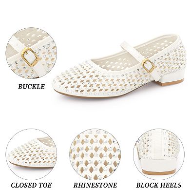 Women's Rhinestone Round Toe Low Block Heels Pumps