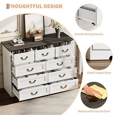 Vintage Nine Drawer Dresser with Metal Handles and Natural Texture