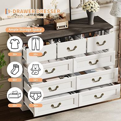 Vintage Nine Drawer Dresser with Metal Handles and Natural Texture