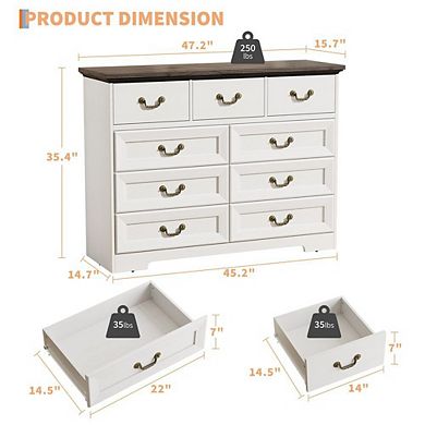 Vintage Nine Drawer Dresser with Metal Handles and Natural Texture