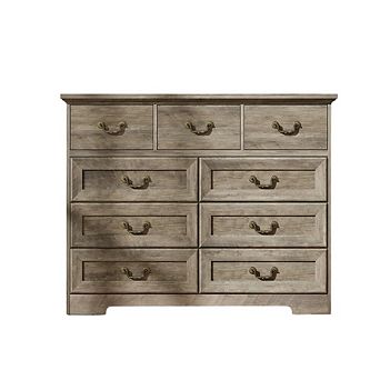 Vintage Nine Drawer Dresser with Metal Handles and Natural Texture