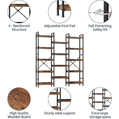 5-Tier Large Industrial Bookcase, 14-Panel Tall Open Bookshelf with Steel Frame, Rustic Brown