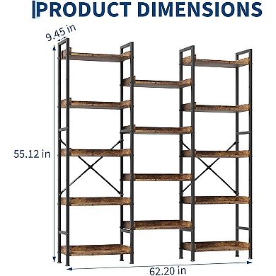5-Tier Large Industrial Bookcase, 14-Panel Tall Open Bookshelf with Steel Frame, Rustic Brown