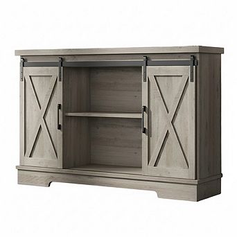 Farmhouse TV Stand with Sliding Barn Doors and Storage Shelves
