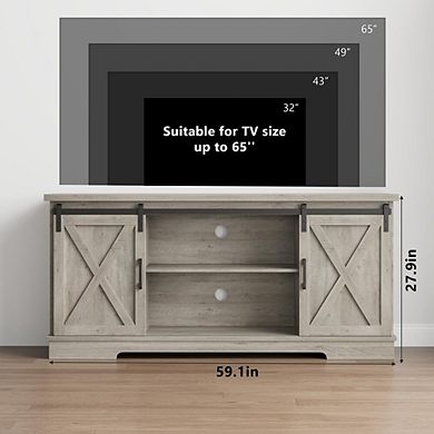 Farmhouse TV Stand with Sliding Barn Doors and Storage Shelves