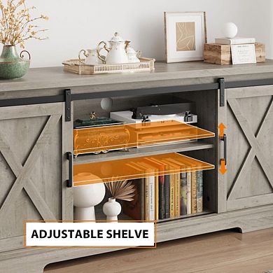 Farmhouse TV Stand with Sliding Barn Doors and Storage Shelves