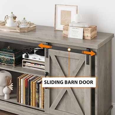 Farmhouse TV Stand with Sliding Barn Doors and Storage Shelves