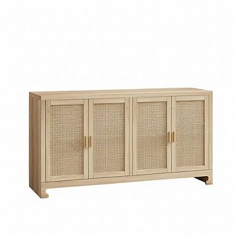 Farmhouse Rattan Buffet Cabinet with Four Doors and Adjustable Shelves