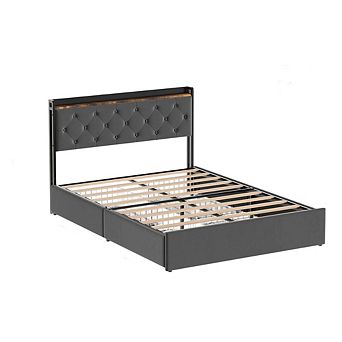 Upholstered Platform Bed Frame with Charging Station and Four Storage Drawers