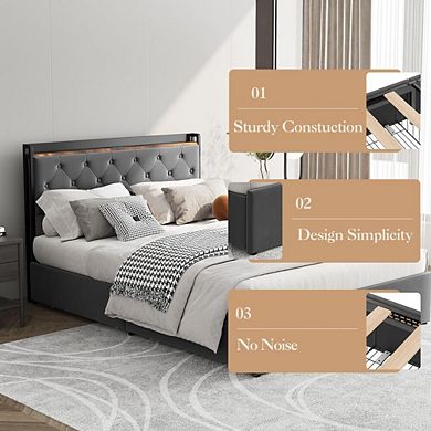 Upholstered Platform Bed Frame with Charging Station and Four Storage Drawers