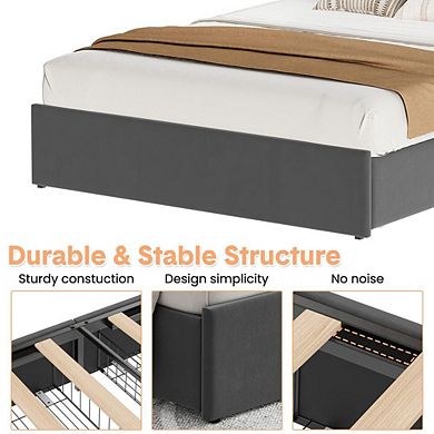 Upholstered Platform Bed Frame with Charging Station and Four Storage Drawers