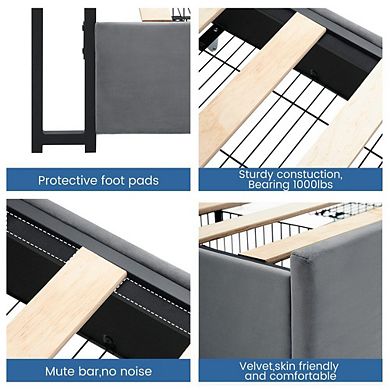 Upholstered Platform Bed Frame with Charging Station and Four Storage Drawers