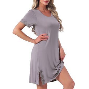 Women's Nightgown Lace Trim Built-in Shelf Bra Short Sleeve Sleepwear Night Shirt Sleep Pajama Dress