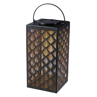 Glitzhome 11"H Square Textured Glass Pattern Solar Powered Hanging Lantern, Black