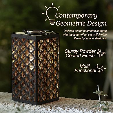 Glitzhome 11"H Square Textured Glass Pattern Solar Powered Hanging Lantern, Black