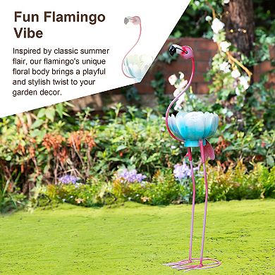 Glitzhome 26.25"H Metal Solar Standing Flamingo Garden Statue