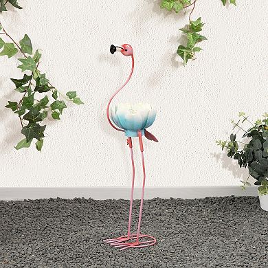 Glitzhome 26.25"H Metal Solar Standing Flamingo Garden Statue