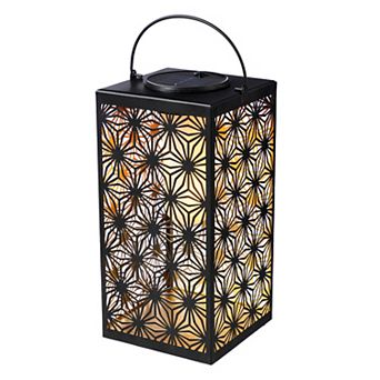 Glitzhome 11"H Black Metal Cutout Pattern Solar Powered Hanging Lantern with LED Light