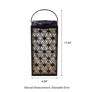 Glitzhome 11"H Black Metal Cutout Pattern Solar Powered Hanging Lantern with LED Light