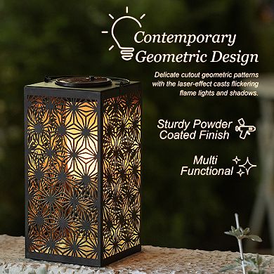 Glitzhome 11"H Black Metal Cutout Pattern Solar Powered Hanging Lantern with LED Light