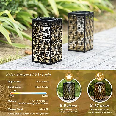 Glitzhome 11"H Black Metal Cutout Pattern Solar Powered Hanging Lantern with LED Light