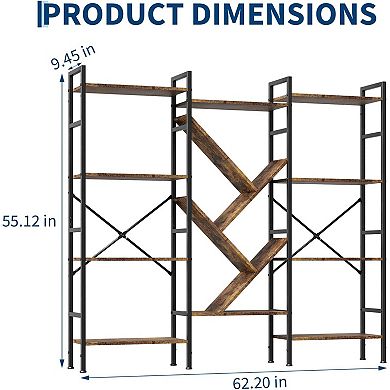 4-Tier Large Industrial Bookcase with Tree Shelves, Heavy-Duty Steel Frame Open Bookshelf