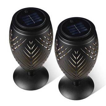 Glitzhome Set of 2 Black Metal Cutout Geometric Pattern Solar Powered Outdoor Lantern, 8.75"H