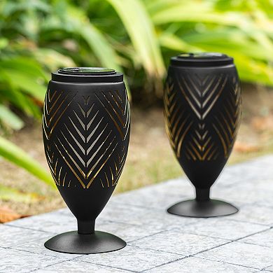 Glitzhome Set of 2 Black Metal Cutout Geometric Pattern Solar Powered Outdoor Lantern, 8.75"H