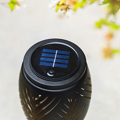 Glitzhome Set of 2 Black Metal Cutout Geometric Pattern Solar Powered Outdoor Lantern, 8.75"H