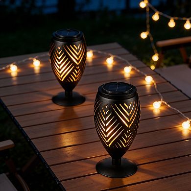 Glitzhome Set of 2 Black Metal Cutout Geometric Pattern Solar Powered Outdoor Lantern, 8.75"H