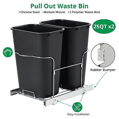 Double Pullout Trash Can for Kitchen Cabinets, 2 x 25 Qt Garbage Recycling Bin