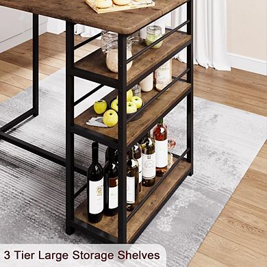 Farmhouse Bar Table Set for Two with Storage Shelves and Upholstered Stools