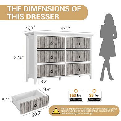 6 Drawer Fluted Dresser with Waveform Panels and Anti-Tip Design