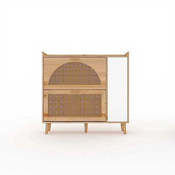 Natural Rattan Freestanding Shoe Cabinet with Mirror, 2 Flip Drawers & Adjustable Shelves