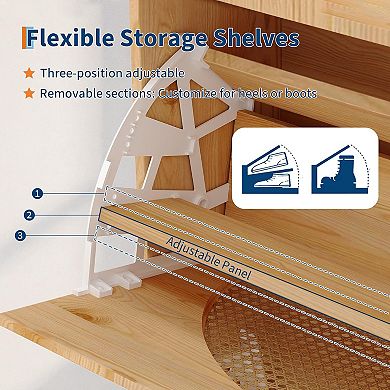 Natural Rattan Freestanding Shoe Cabinet with Mirror, 2 Flip Drawers & Adjustable Shelves