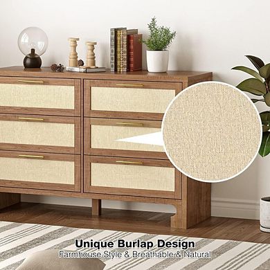 6 Drawer Dresser with Burlap Design and Gold Metal Handles